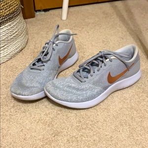 Grey, White, and Rose Gold Nike Tennis Shoes